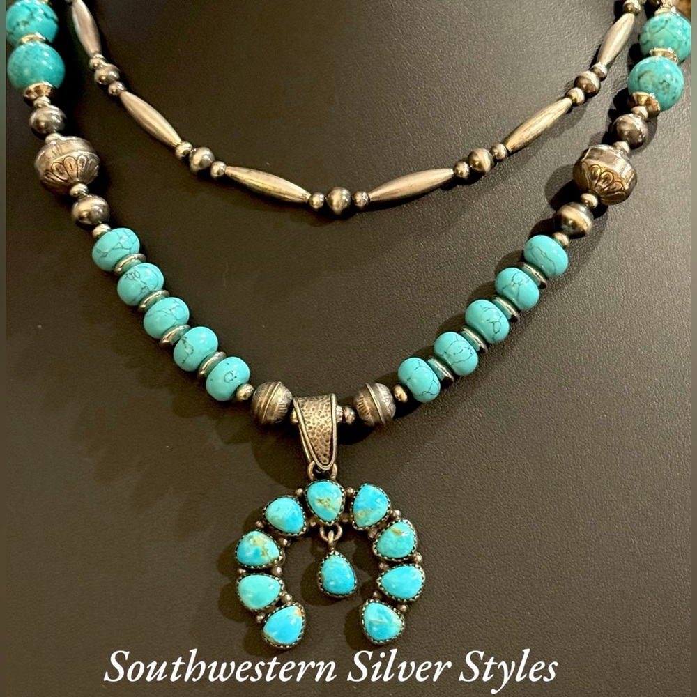 Sterling Silver Navajo Pearls Turquoise Squash Blossom Naja Pendant Necklace